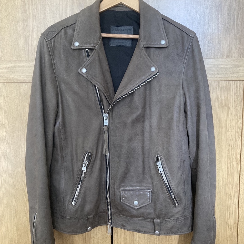 AllSaints Milo Leather Jacket (M) - Khaki Green